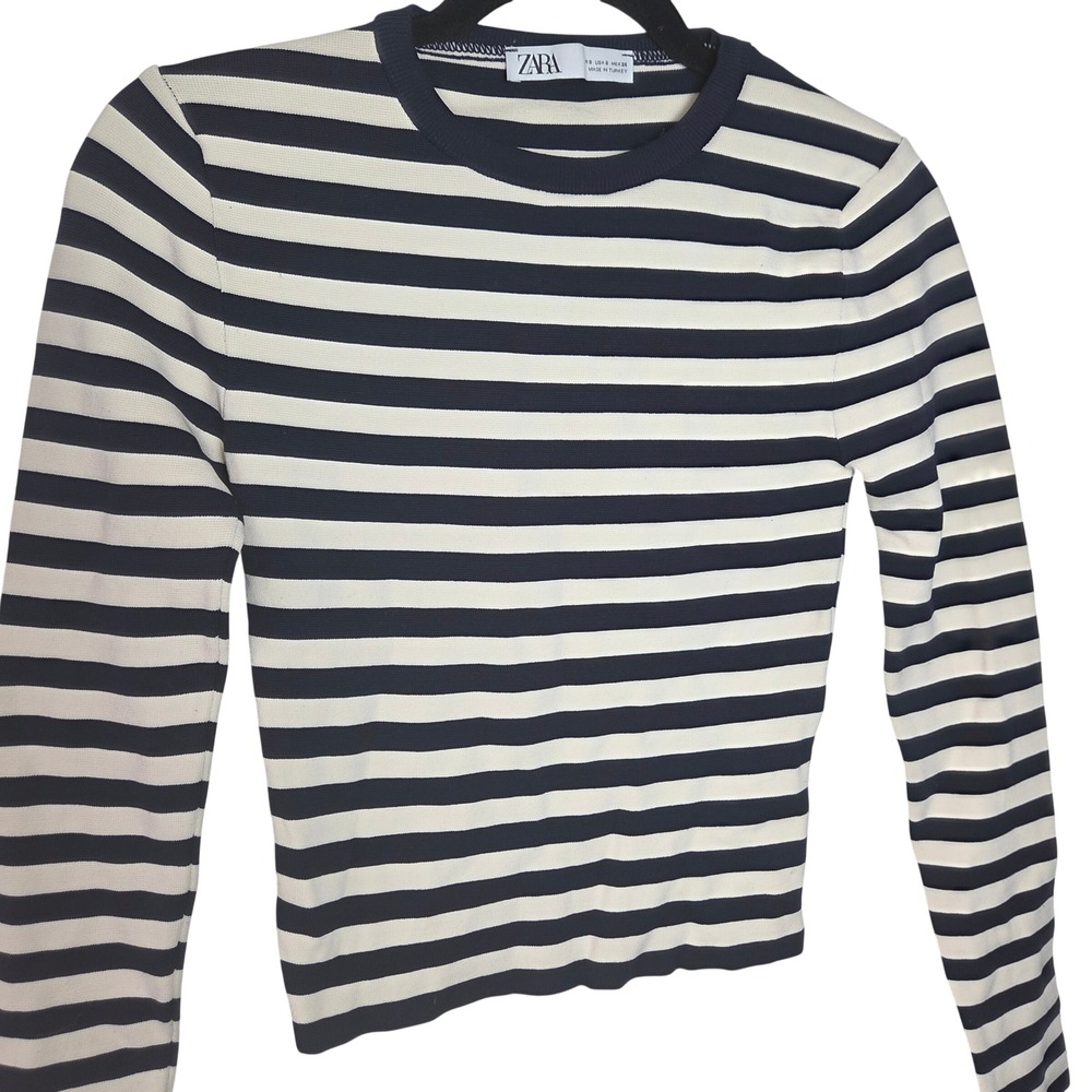 Zara Striped Ribbed Knit Sweater Cropped Fitted Crewneck Structured S‎ Navy Blue